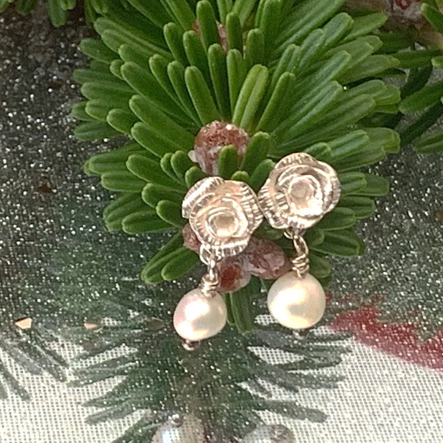 One of a kind,Sterling silver, Rose and Pearl stud earrings