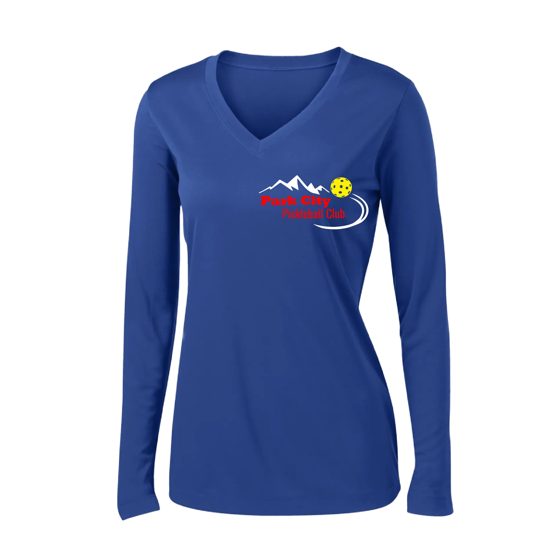 Park City Pickleball Club (Red) | Women's Long Sleeve V-Neck Pickleball Shirts | 100% Polyester