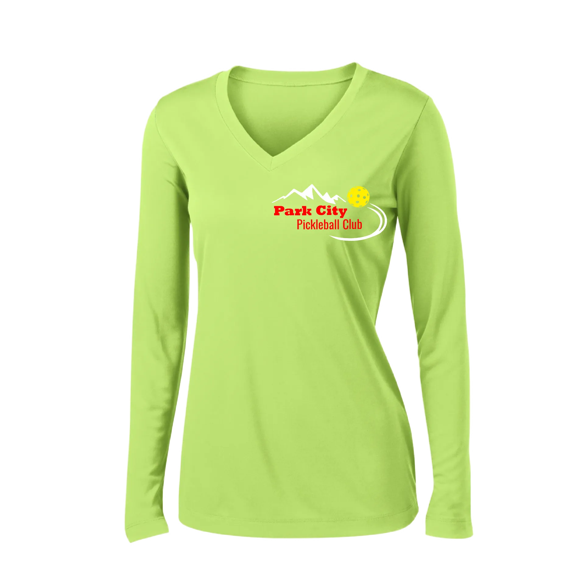 Park City Pickleball Club (Red) | Women's Long Sleeve V-Neck Pickleball Shirts | 100% Polyester