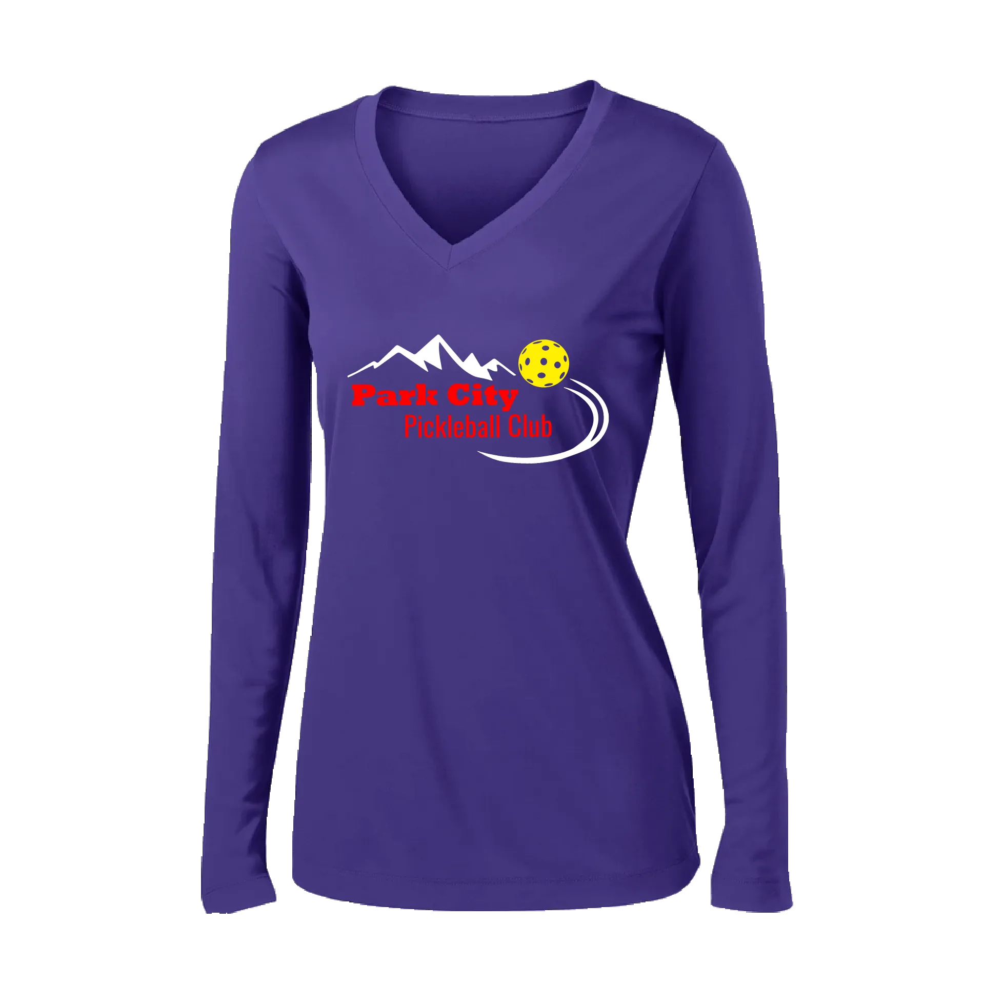 Park City Pickleball Club (Red) | Women's Long Sleeve V-Neck Pickleball Shirts | 100% Polyester