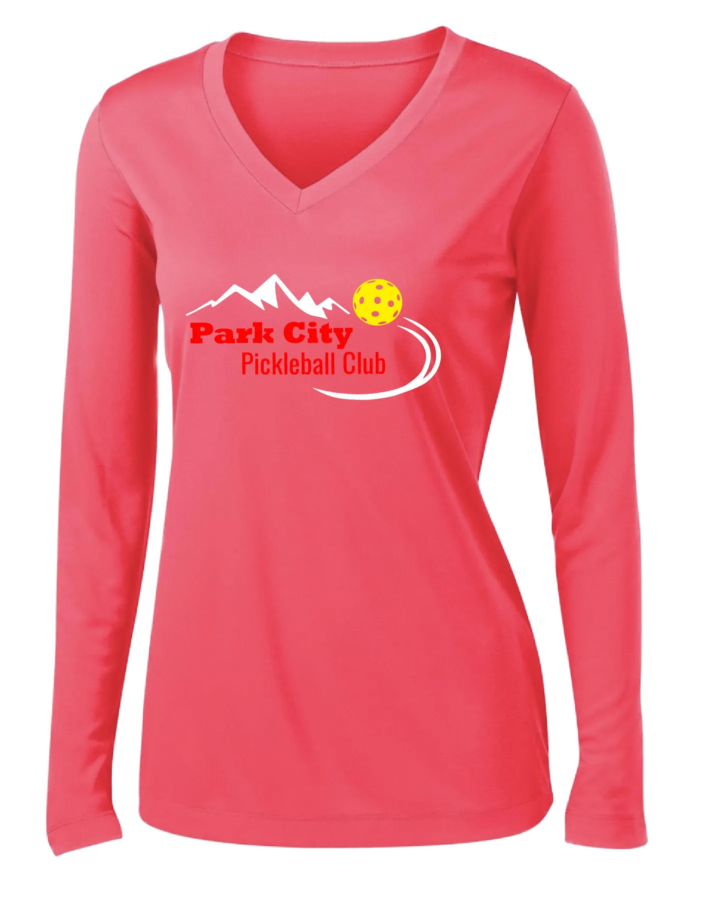 Park City Pickleball Club (Red) | Women's Long Sleeve V-Neck Pickleball Shirts | 100% Polyester