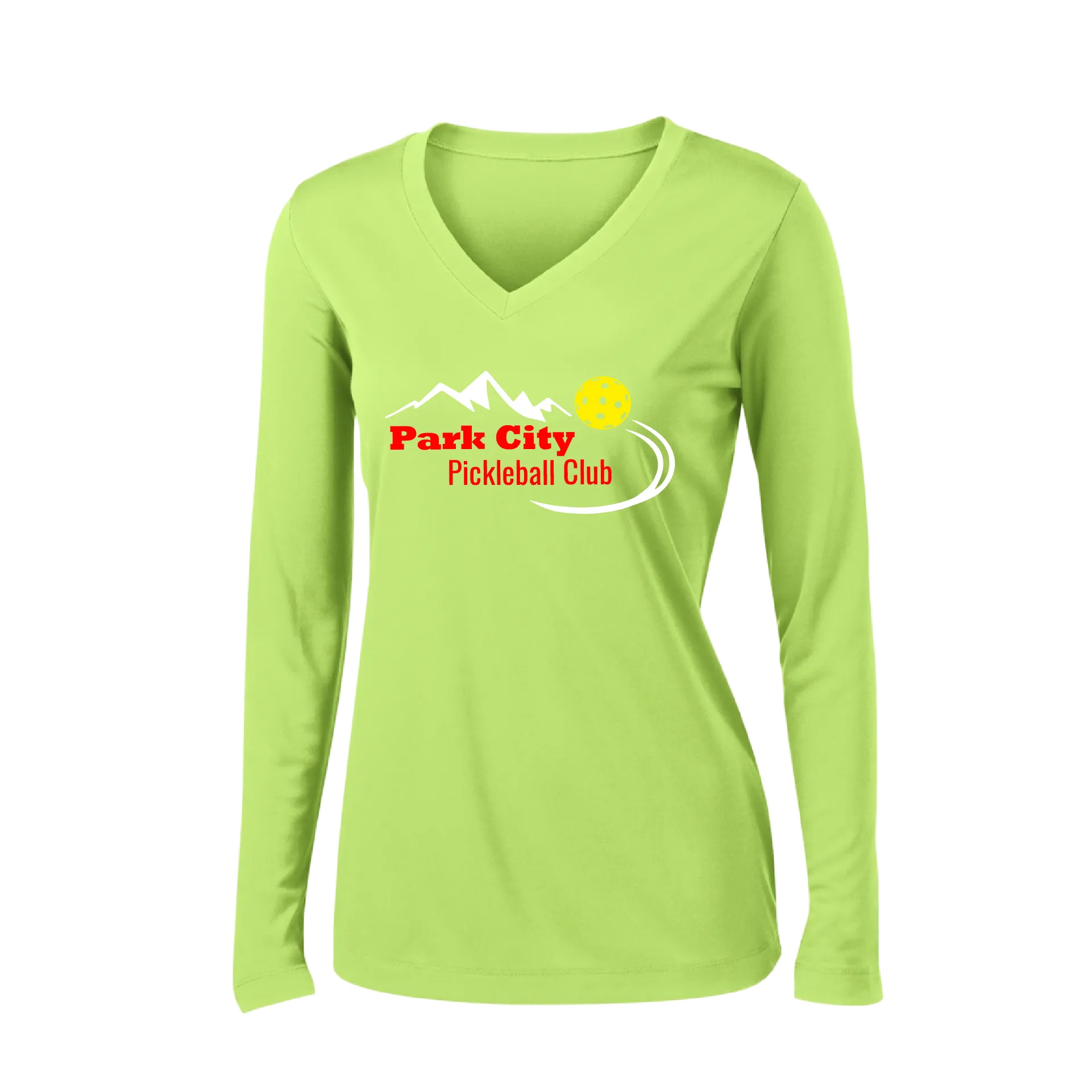 Park City Pickleball Club (Red) | Women's Long Sleeve V-Neck Pickleball Shirts | 100% Polyester
