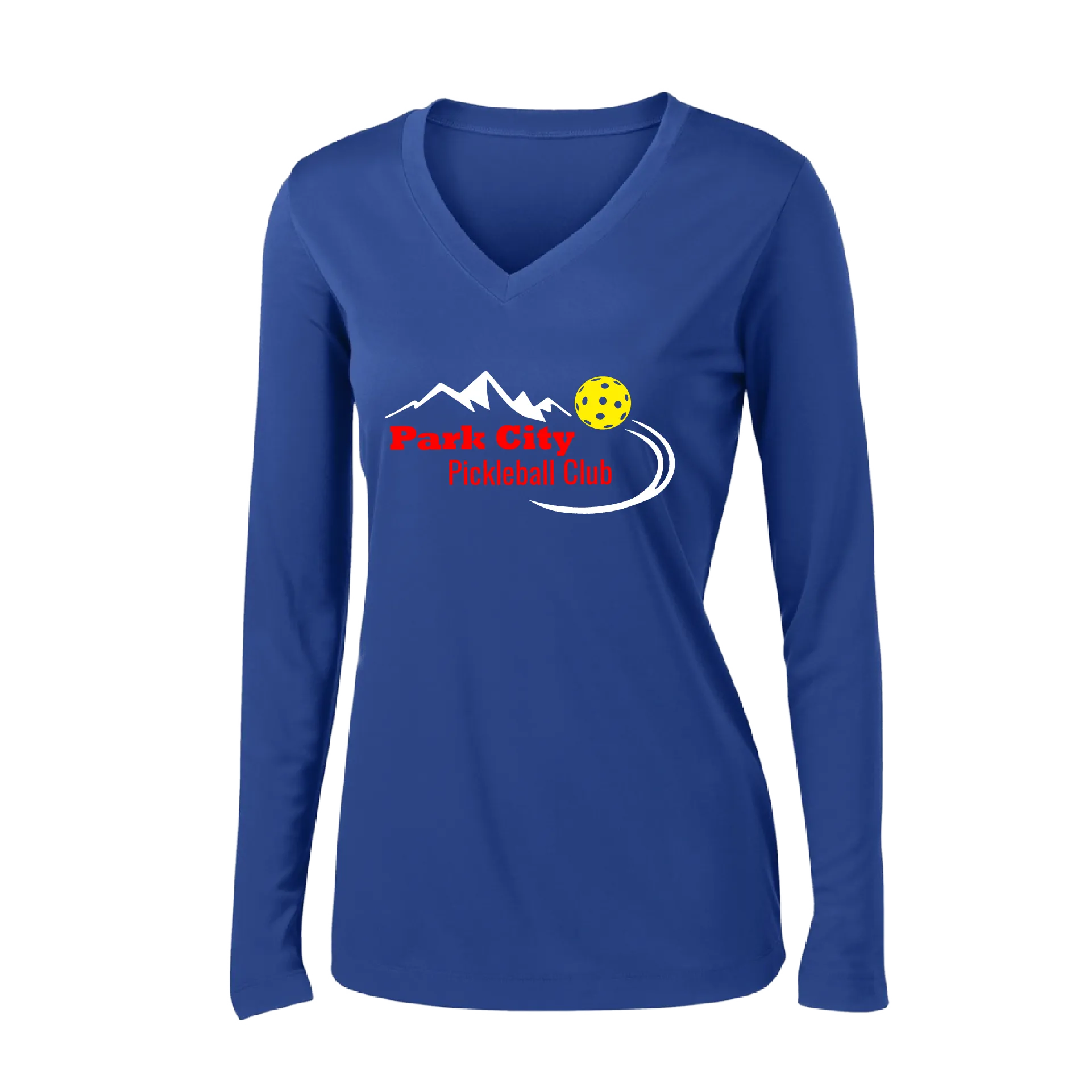 Park City Pickleball Club (Red) | Women's Long Sleeve V-Neck Pickleball Shirts | 100% Polyester