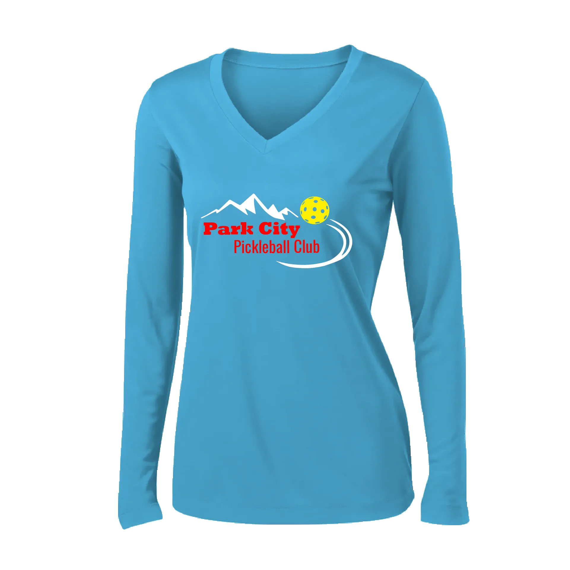 Park City Pickleball Club (Red) | Women's Long Sleeve V-Neck Pickleball Shirts | 100% Polyester