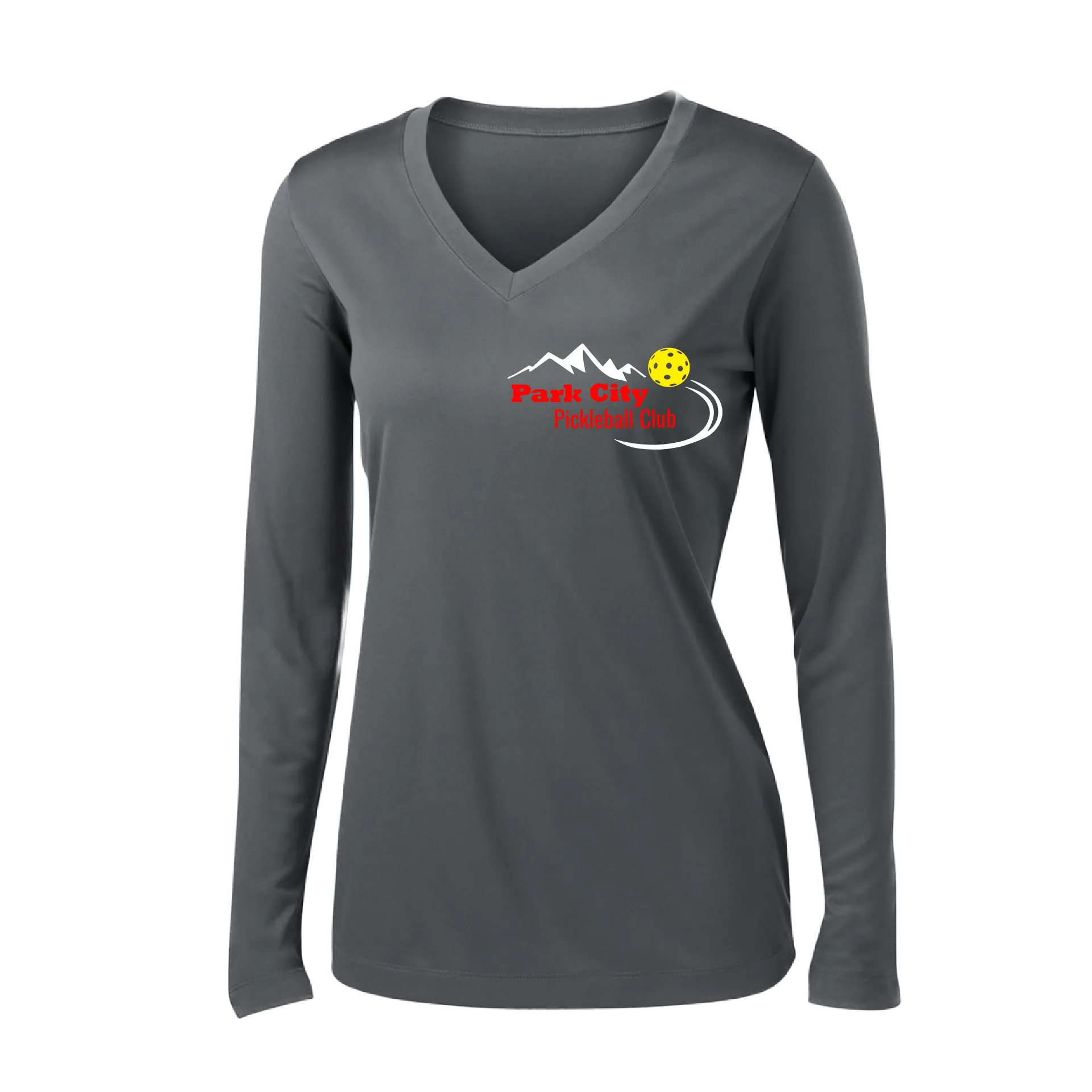 Park City Pickleball Club (Red) | Women's Long Sleeve V-Neck Pickleball Shirts | 100% Polyester