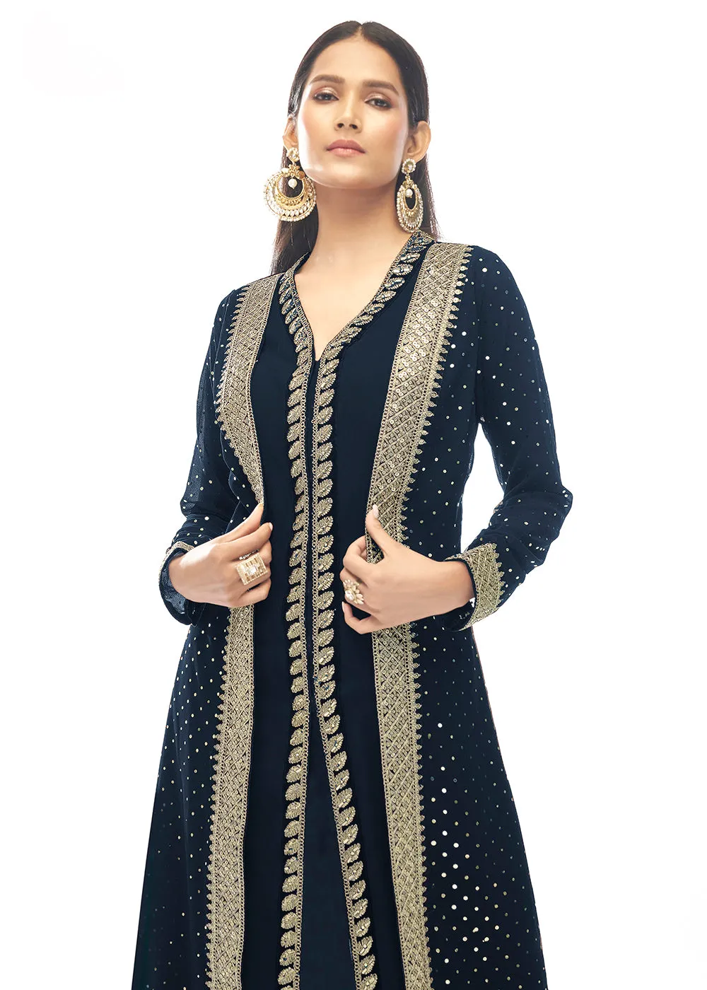 Premium Georgette Hercules Blue Jacket Style Anarkali Dress