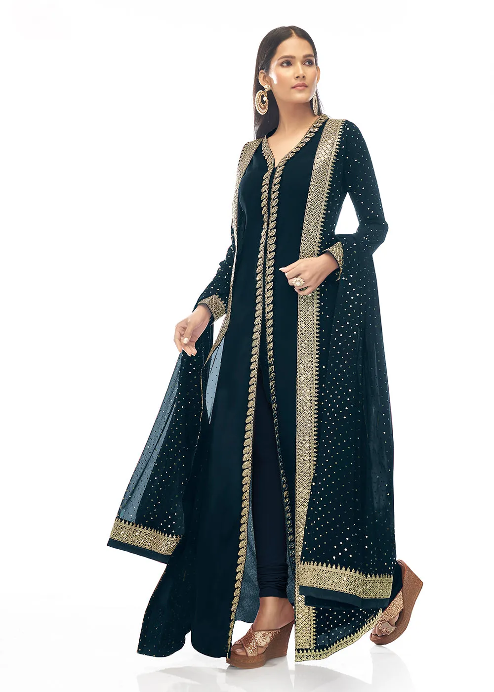 Premium Georgette Hercules Blue Jacket Style Anarkali Dress
