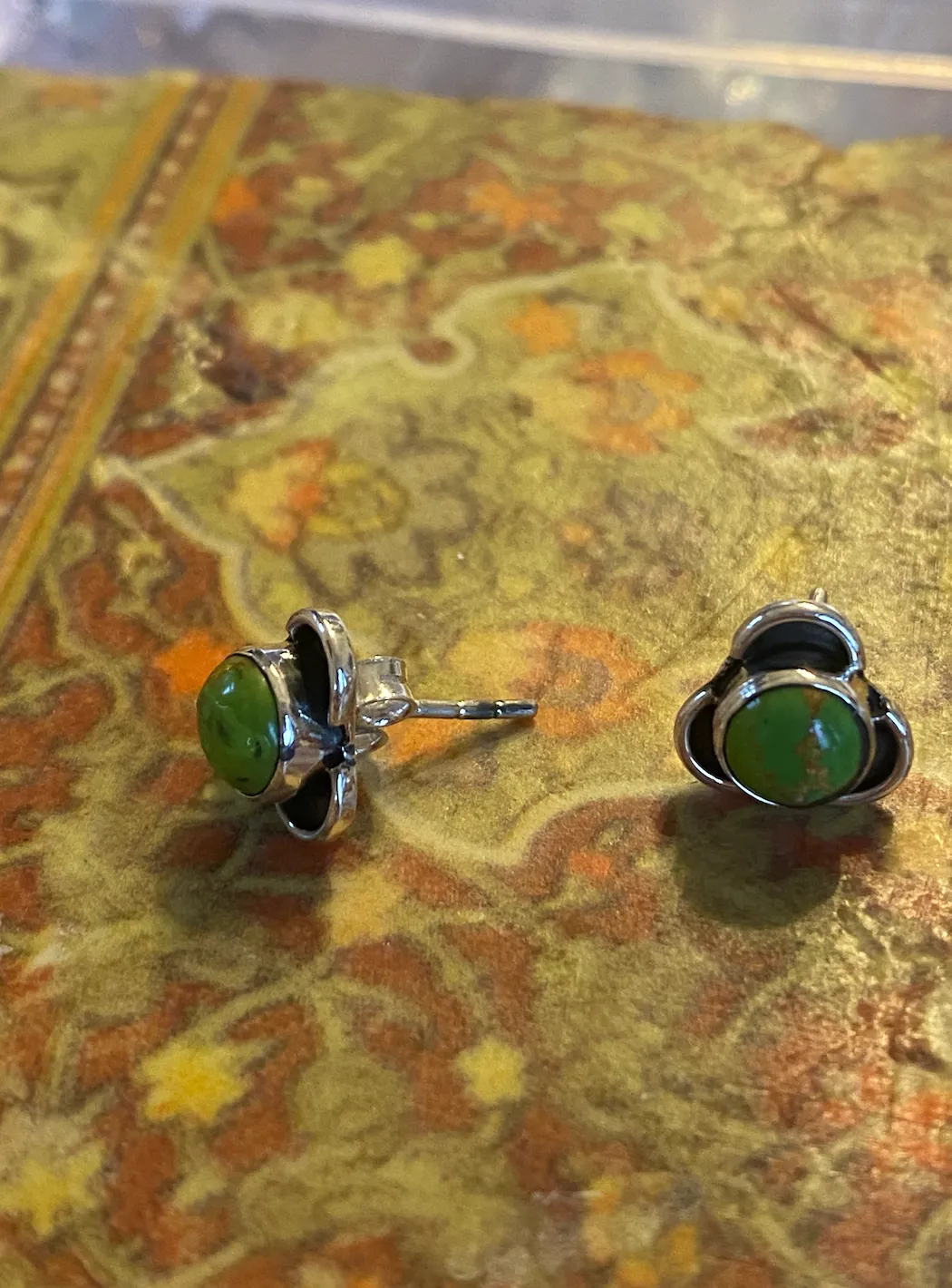 Solid Silver Green Copper Turquoise Stud Earrings with Triple Curve Frame