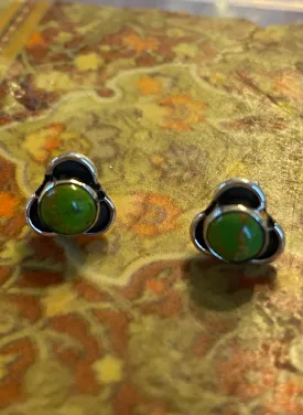 Solid Silver Green Copper Turquoise Stud Earrings with Triple Curve Frame